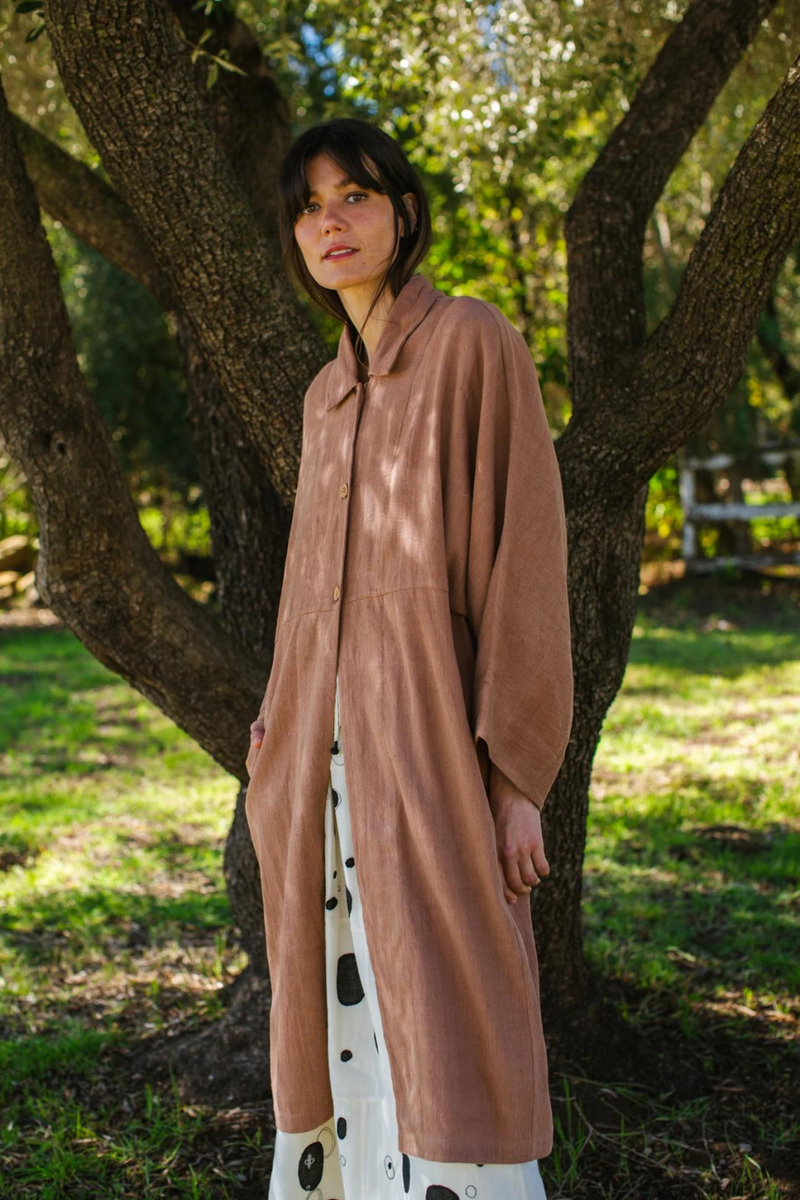 Lightweight Checkered Duster Jacket — Terracotta 100% cotton by World of Crow in beige color for women in Singapore
