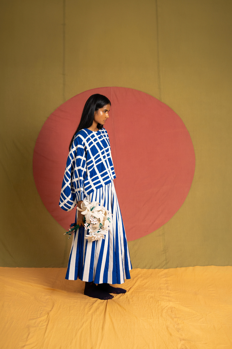 Tigress Skirt-Blue and White cotton skirt by Ka-Sha in white for women in Singapore
