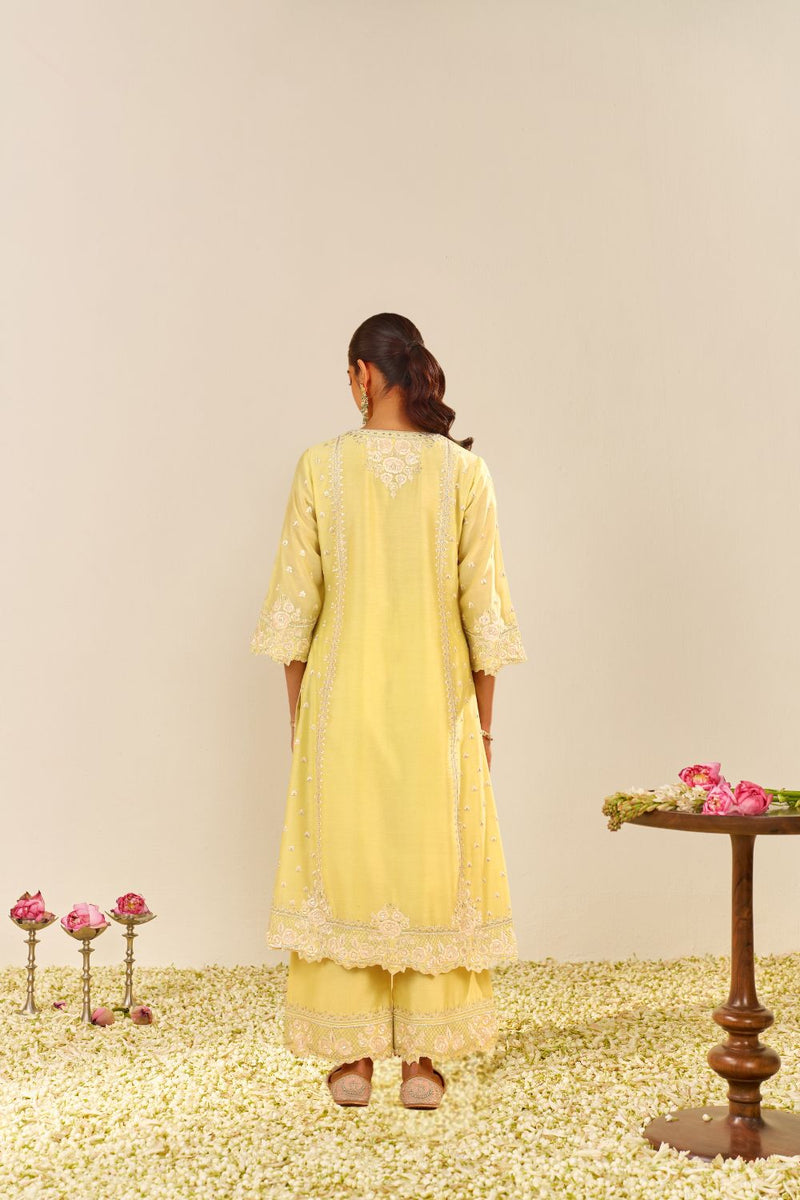 Sumaiya - A-Line Kurta With Palazzo And Dupatta-Lemon Yellow silk by SHEETAL BATRA in yellow color for women in Singapore