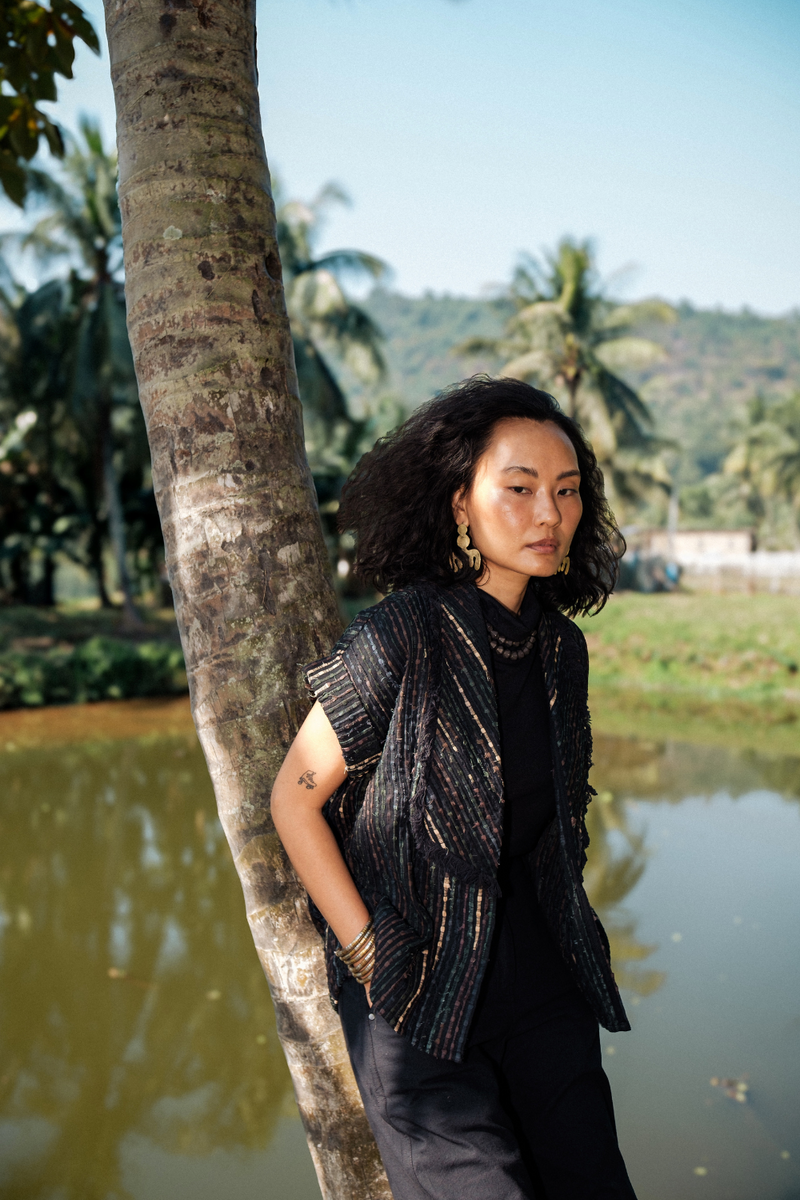 Upcycled Handwoven Berlin shawl collar top - Green cotton by The Terra Tribe in green color for women in Singapore