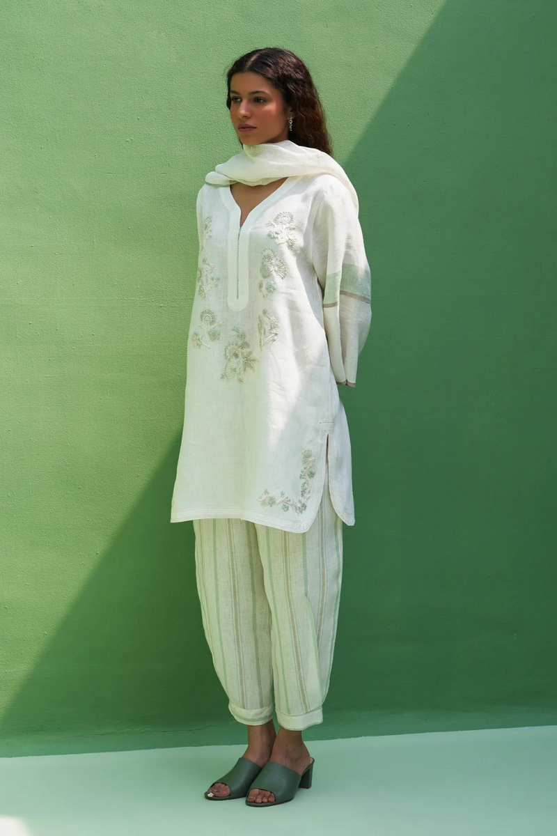 Insha Hand-Embroidered Kurta Set
- Ivory linen by Manan in ivory color for women in Singapore