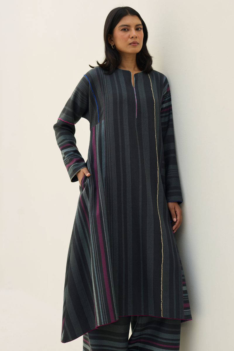 Daphne Merino Wool Kurta - Charcoal by Manan in charcoal color for women in Singapore