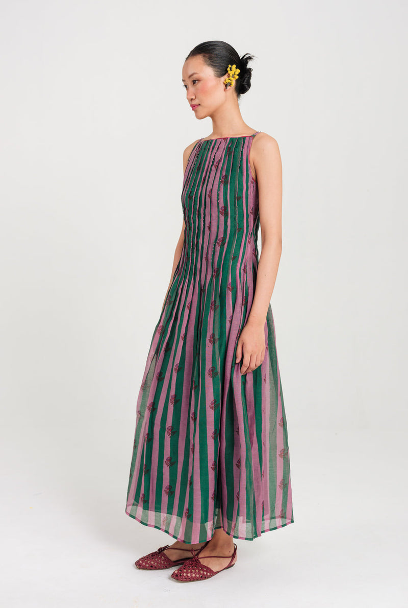 Twirl Pleated Dress mul chanderi dress by JodiLife in pink, green for women in Singapore