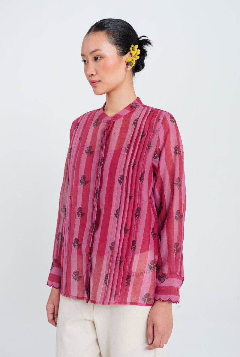 Spring Scallop Shirt mul chanderi top/shirt by JodiLife in red, pink for women in Singapore