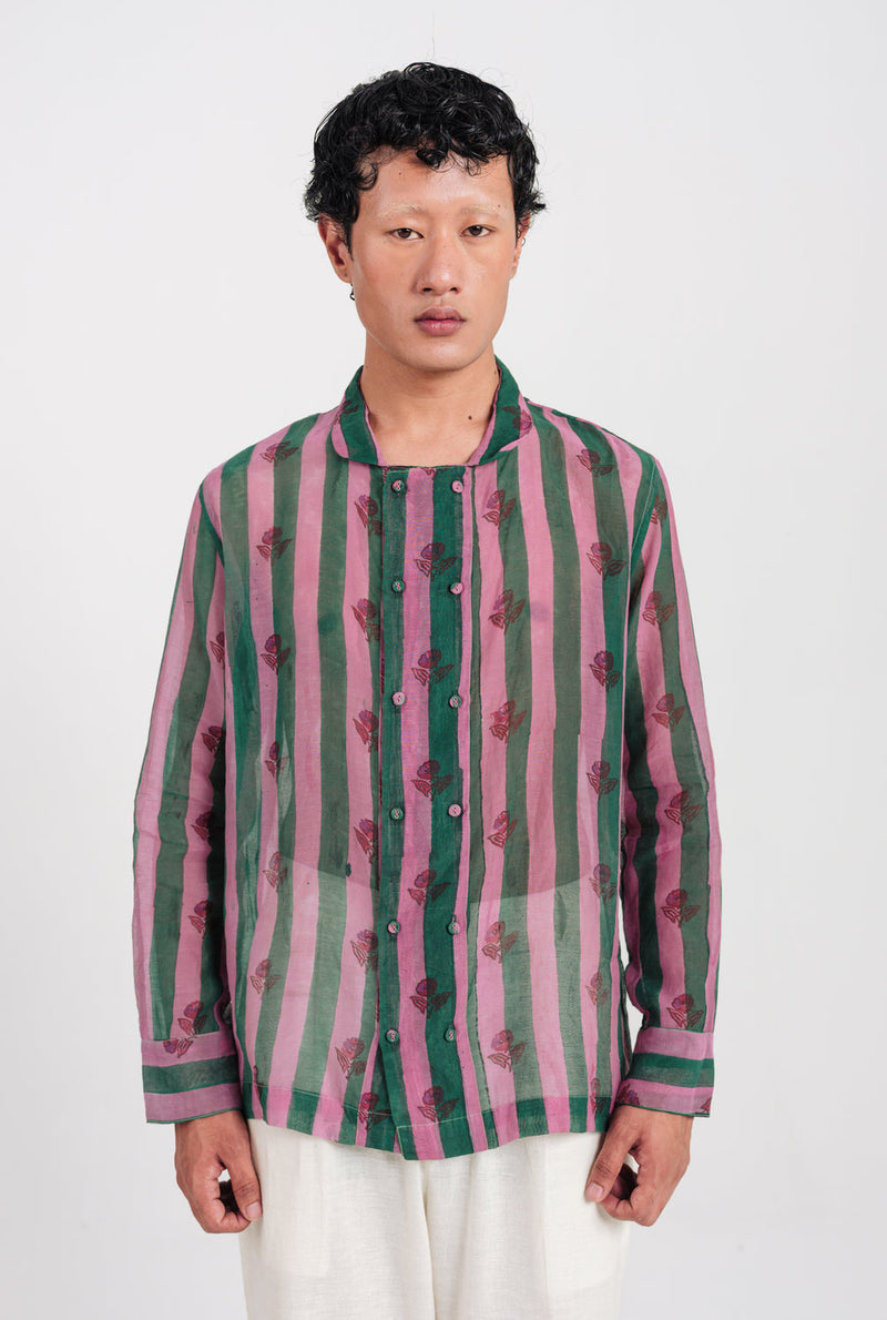 Twirl Shirt mul chanderi shirt by Jodi Men in green, pink for men in Singapore