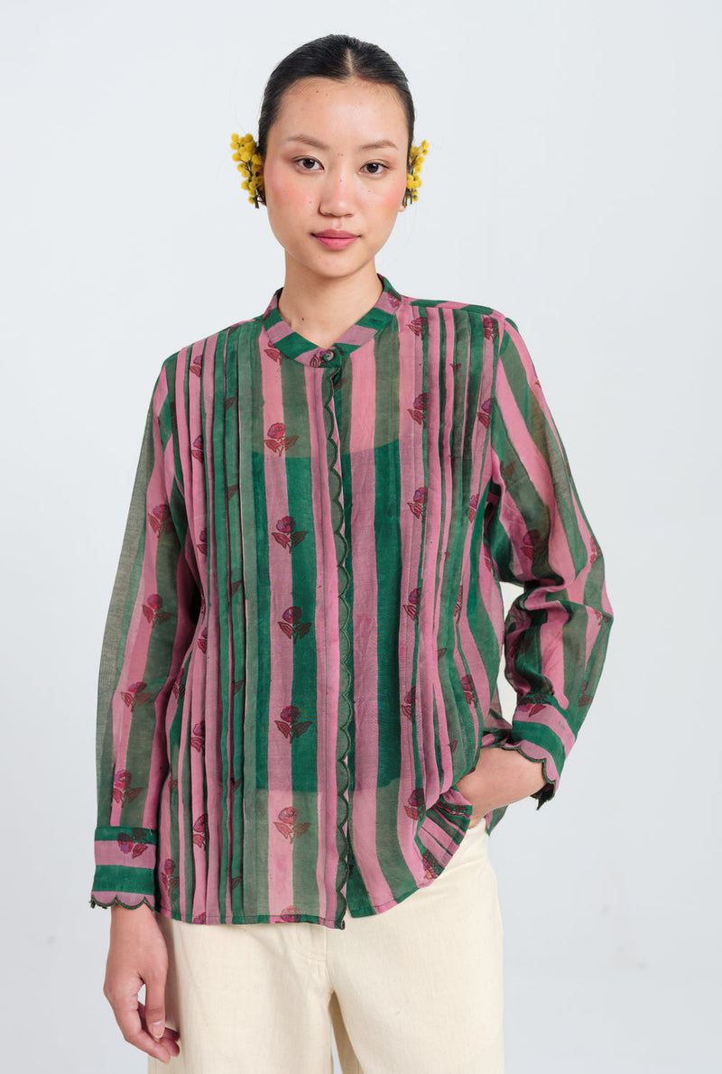 Twirl Scallop Shirt mul chanderi top/shirt by JodiLife in pink, green for women in Singapore