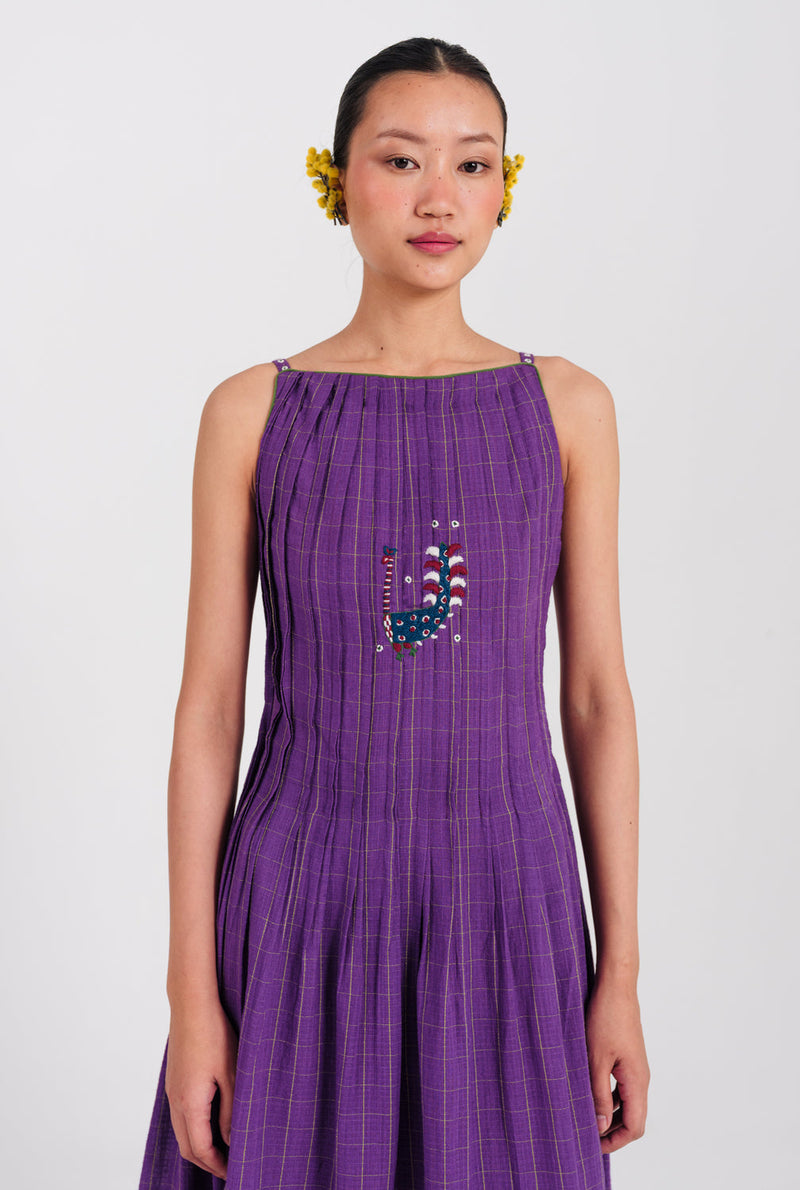 Drift Handloom Pleated Dress handwoven cotton dress by JodiLife in purple for women in Singapore