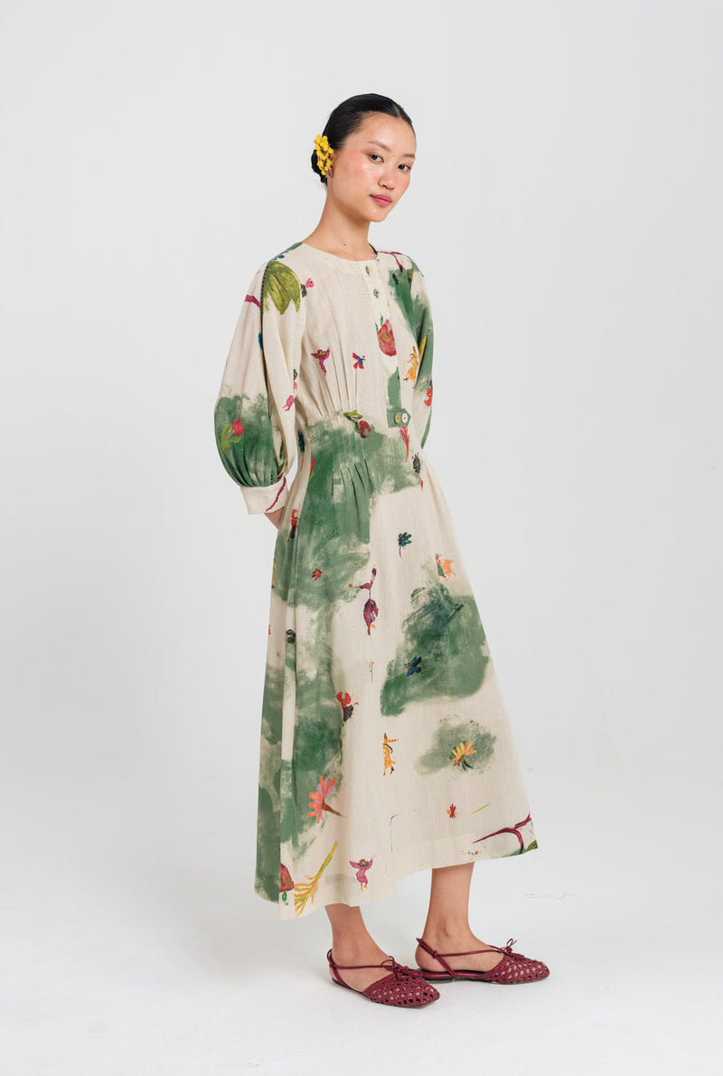 Sway Midi Dress cotton flex dress by JodiLife in offwhite, green for women in Singapore
