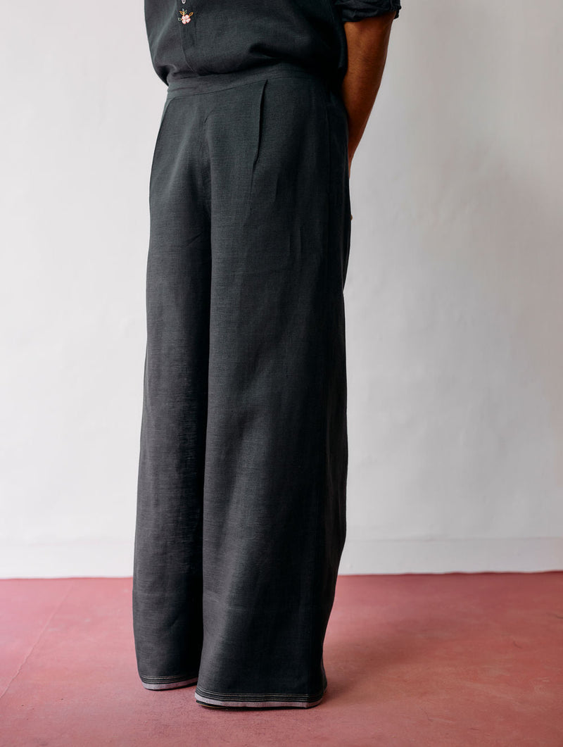 Rin Linen Pants-Charcoal linen pant/trouser by Manan Men in charcoal for men in Singapore