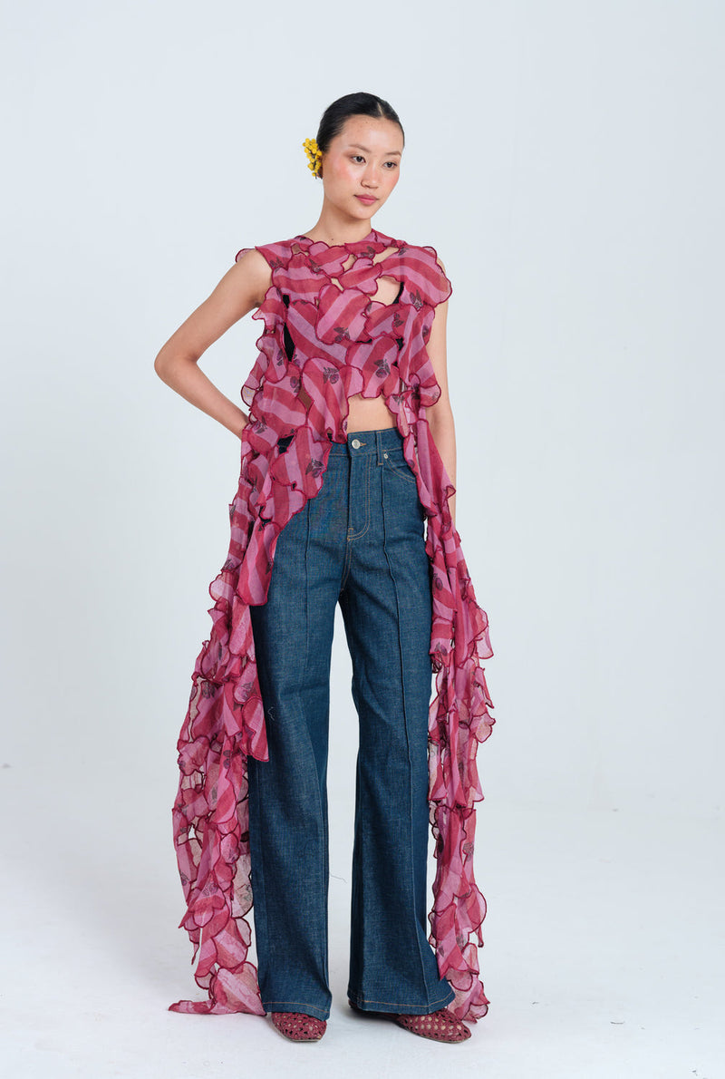 Spring Cut-Out Cape mul chanderi jacket/overlay by JodiLife in red, pink for women in Singapore