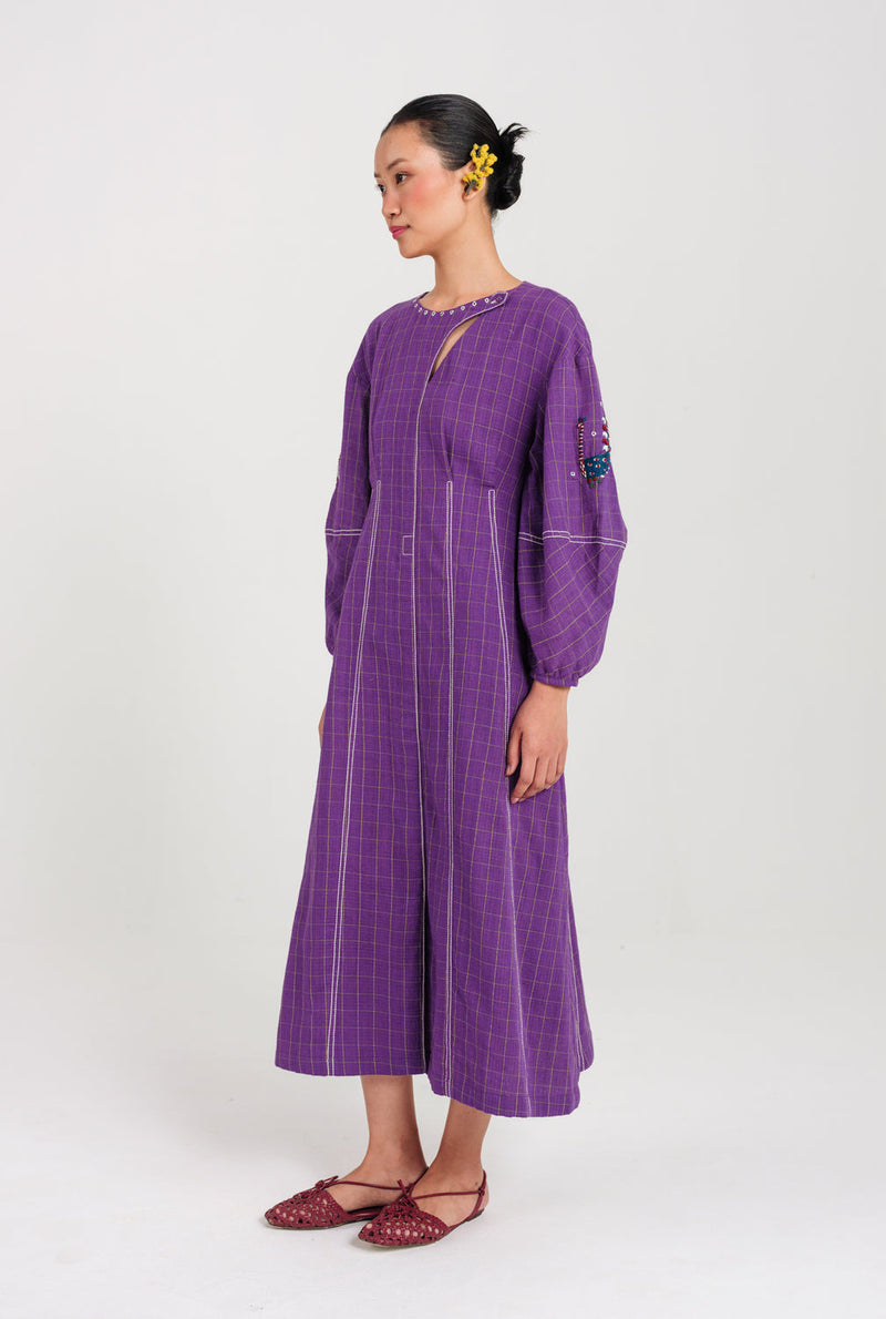 Drift Handloom Day Dress handwoven cotton dress by JodiLife in purple for women in Singapore