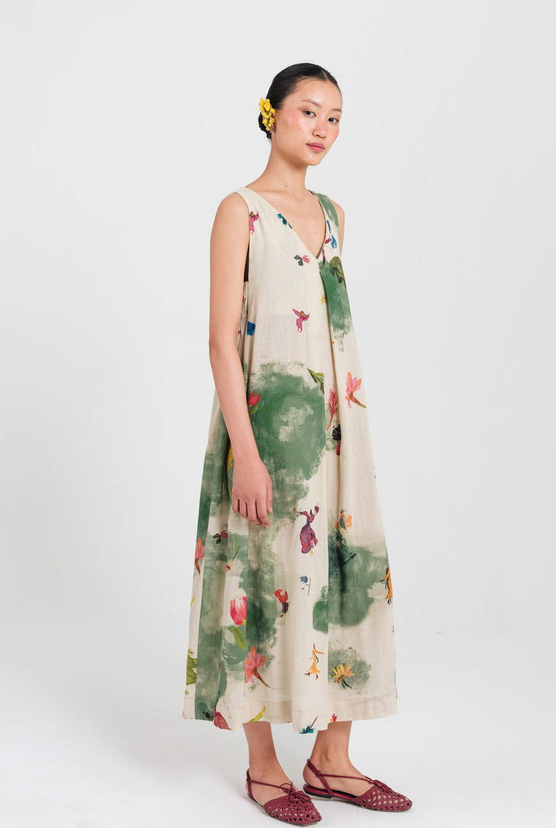 Sway Day Dress cotton flex dress by JodiLife in offwhite, green for women in Singapore