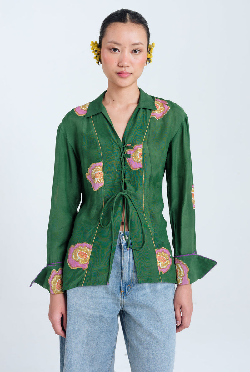 Flow Blouse muslin silk top/shirt by JodiLife in green for women in Singapore