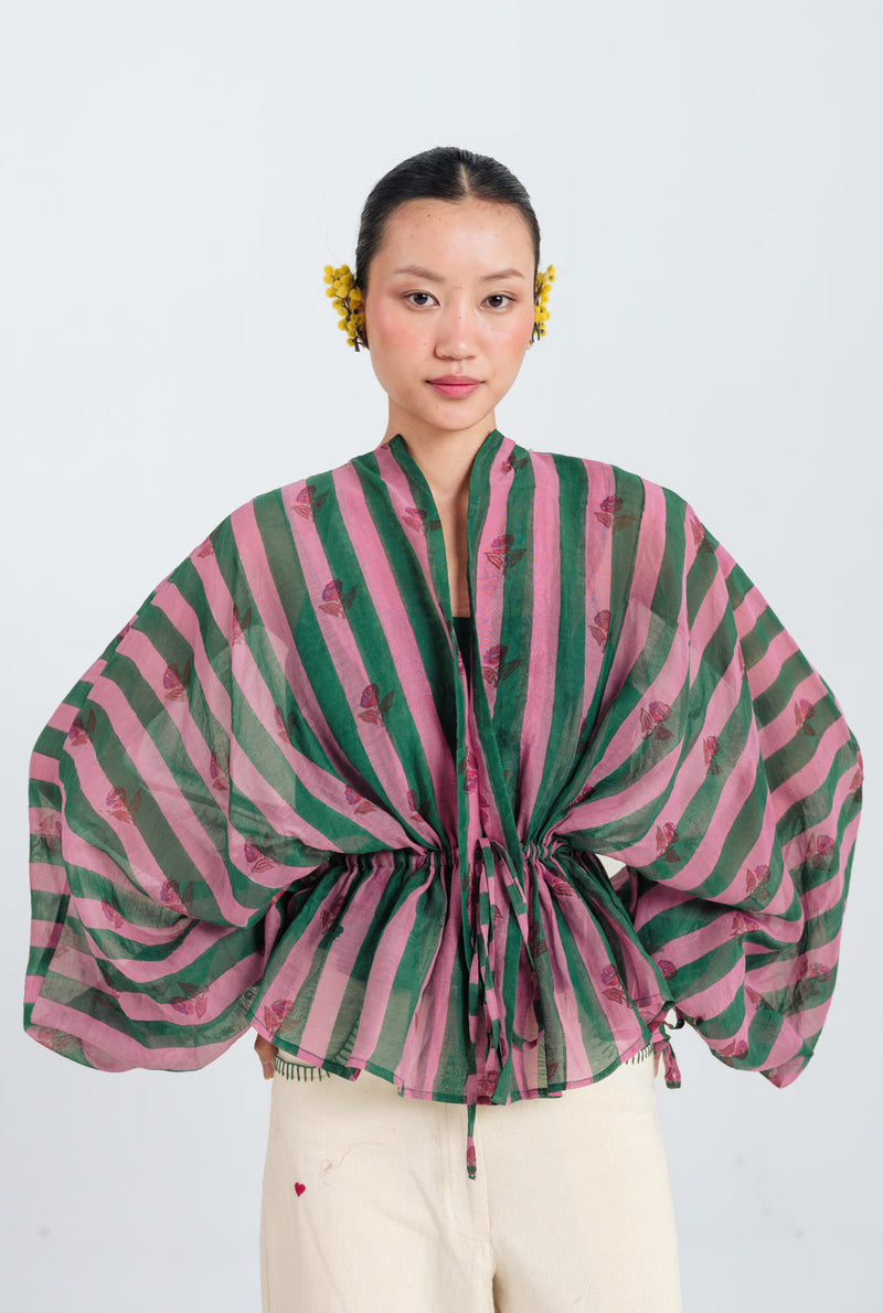 Twirl Overlay Jacket mul chanderi jacket/overlay by JodiLife in pink, green for women in Singapore