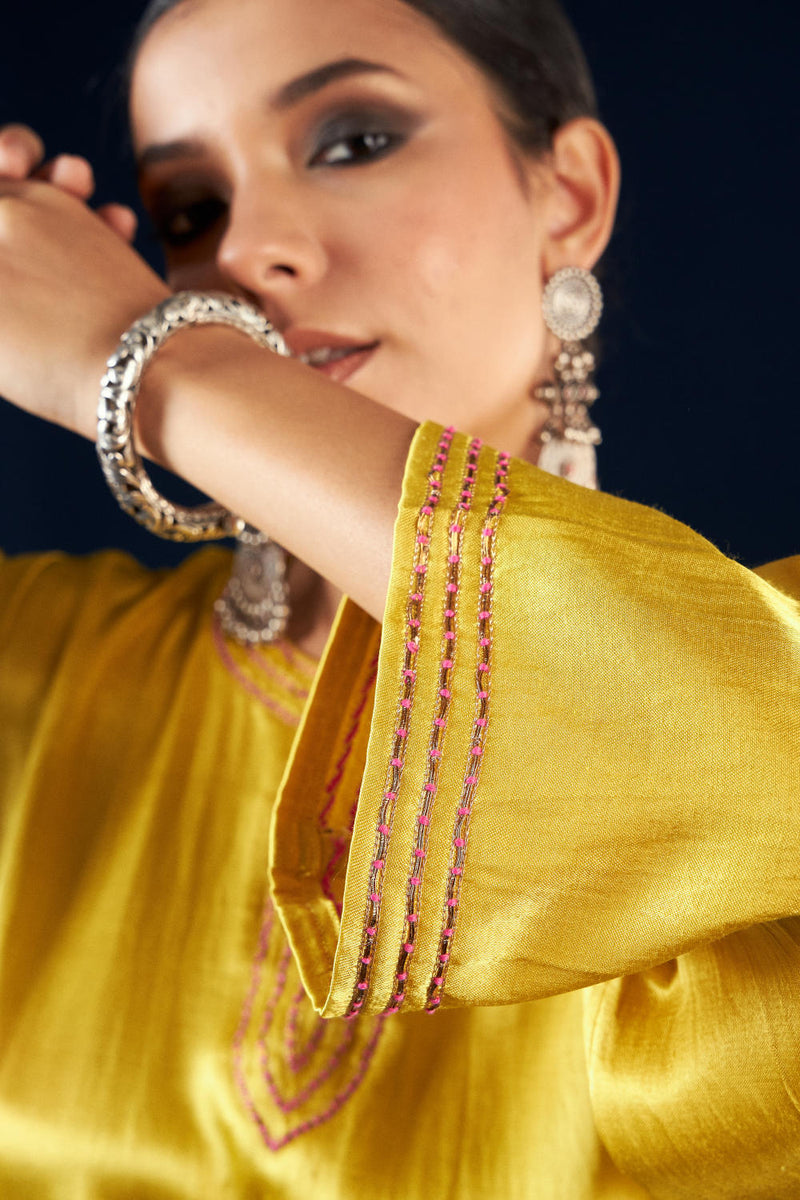 Kalidaar Kurta Set - Gold Yellow FC-2301 silk by Aavidi in yellow color for women in Singapore
