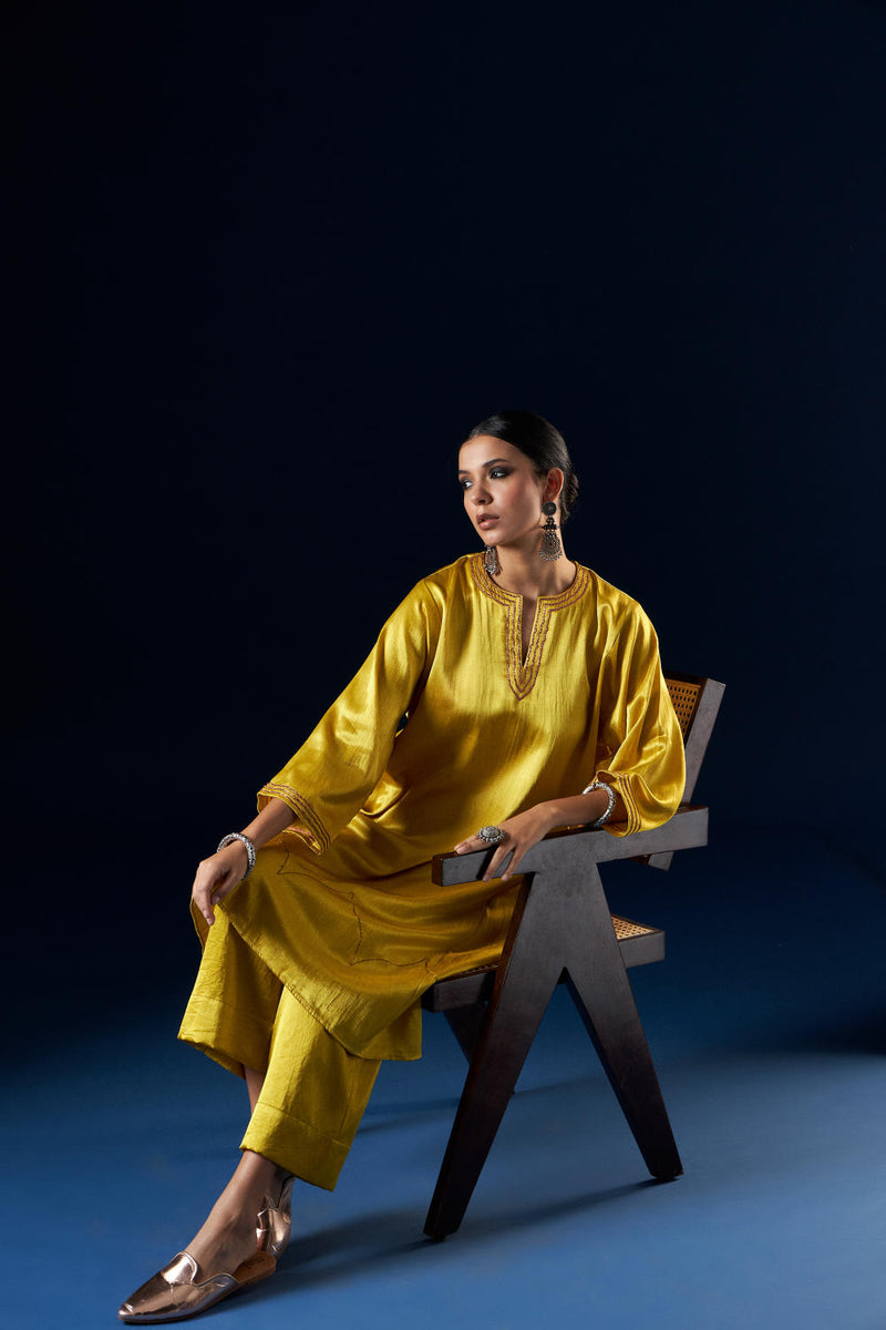 Kalidaar Kurta Set - Gold Yellow FC-2301 silk by Aavidi in yellow color for women in Singapore