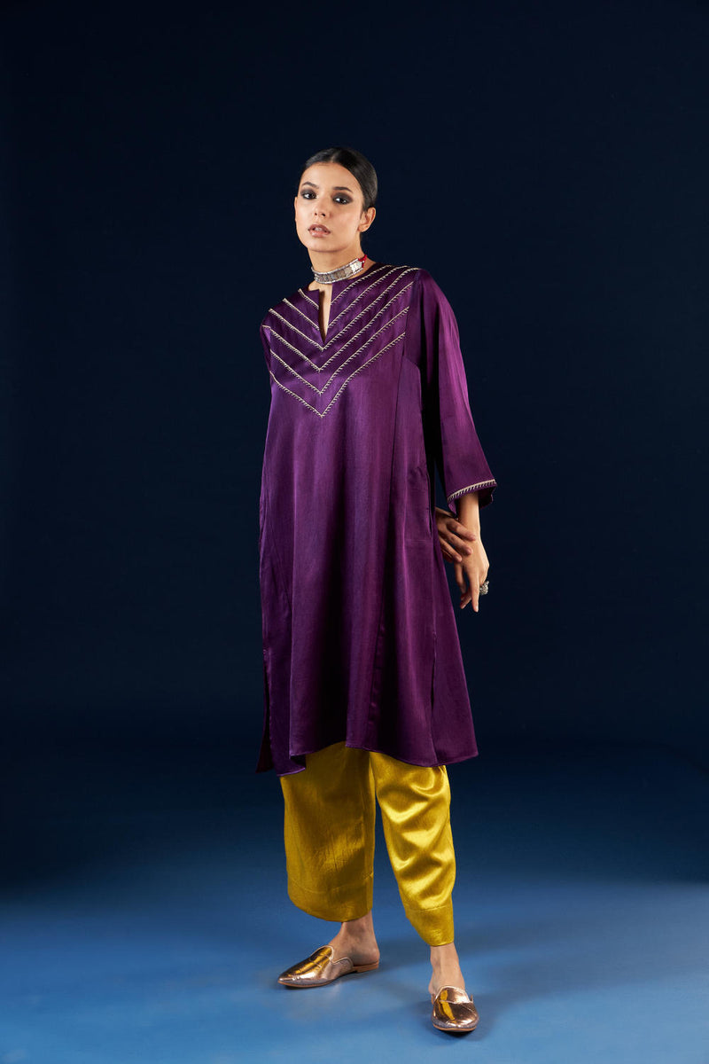 Kalidaar Kurta Set - Deep Purple & Gold Yellow silk by Aavidi in purple color for women in Singapore