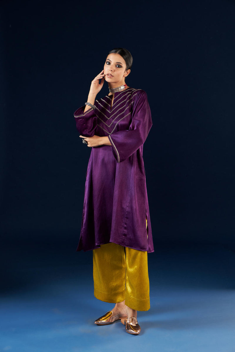 Kalidaar Kurta Set - Deep Purple & Gold Yellow silk by Aavidi in purple color for women in Singapore