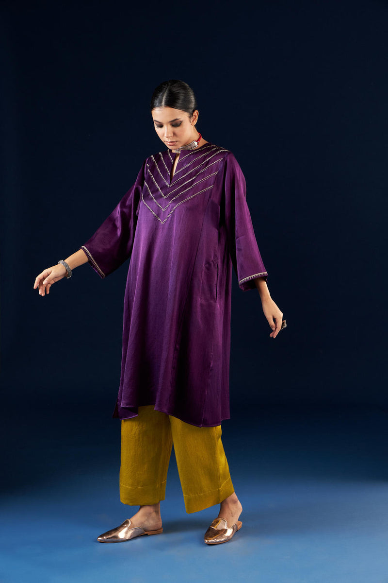 Kalidaar Kurta Set - Deep Purple & Gold Yellow silk by Aavidi in purple color for women in Singapore
