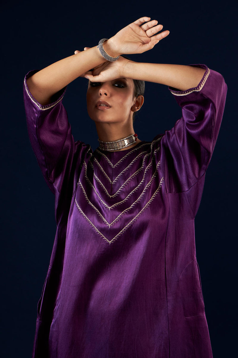 Kalidaar Kurta Set - Deep Purple & Gold Yellow silk by Aavidi in purple color for women in Singapore