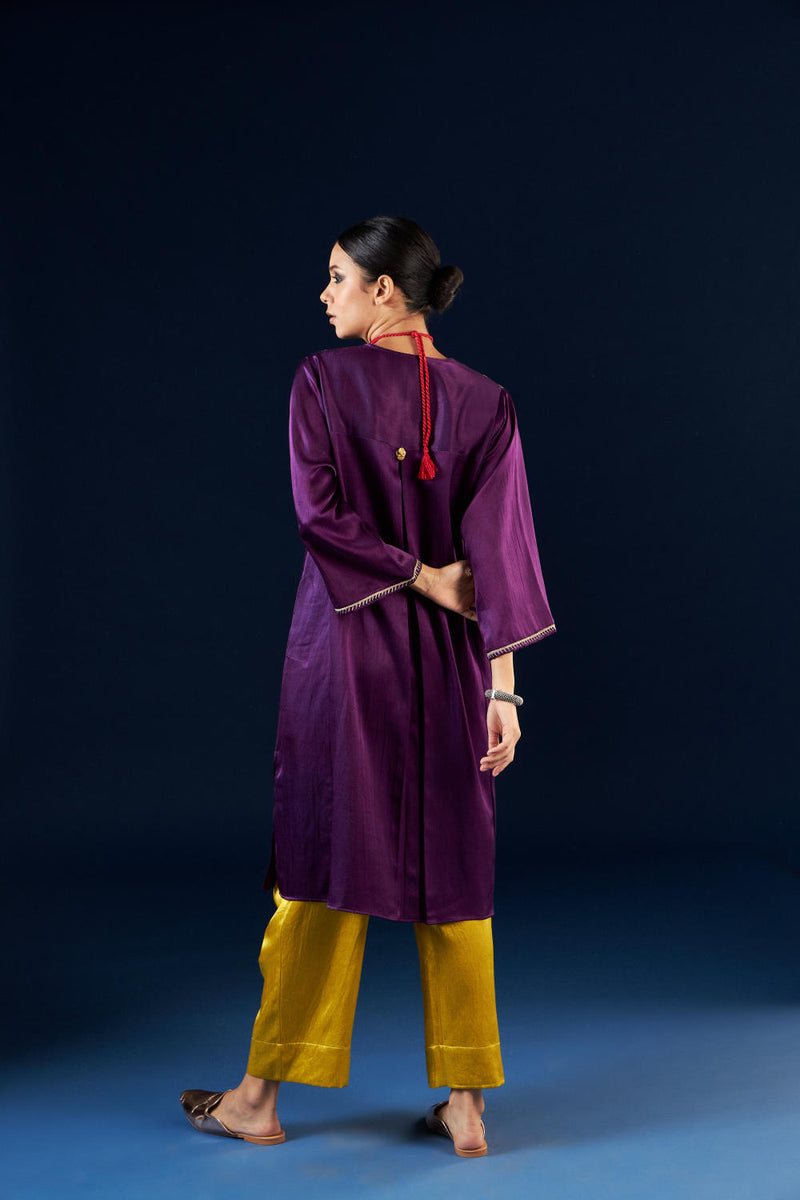 Kalidaar Kurta Set - Deep Purple & Gold Yellow silk by Aavidi in purple color for women in Singapore