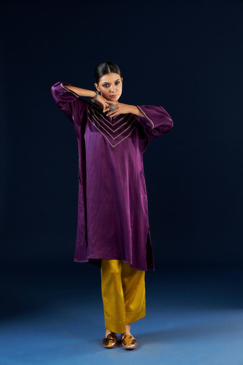 Kalidaar Kurta Set - Deep Purple & Gold Yellow silk by Aavidi in purple color for women in Singapore
