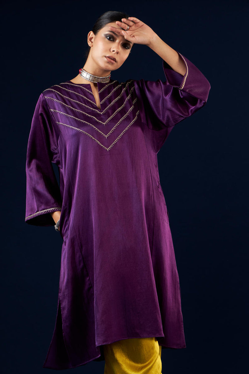 Kalidaar Kurta Set - Deep Purple & Gold Yellow silk by Aavidi in purple color for women in Singapore