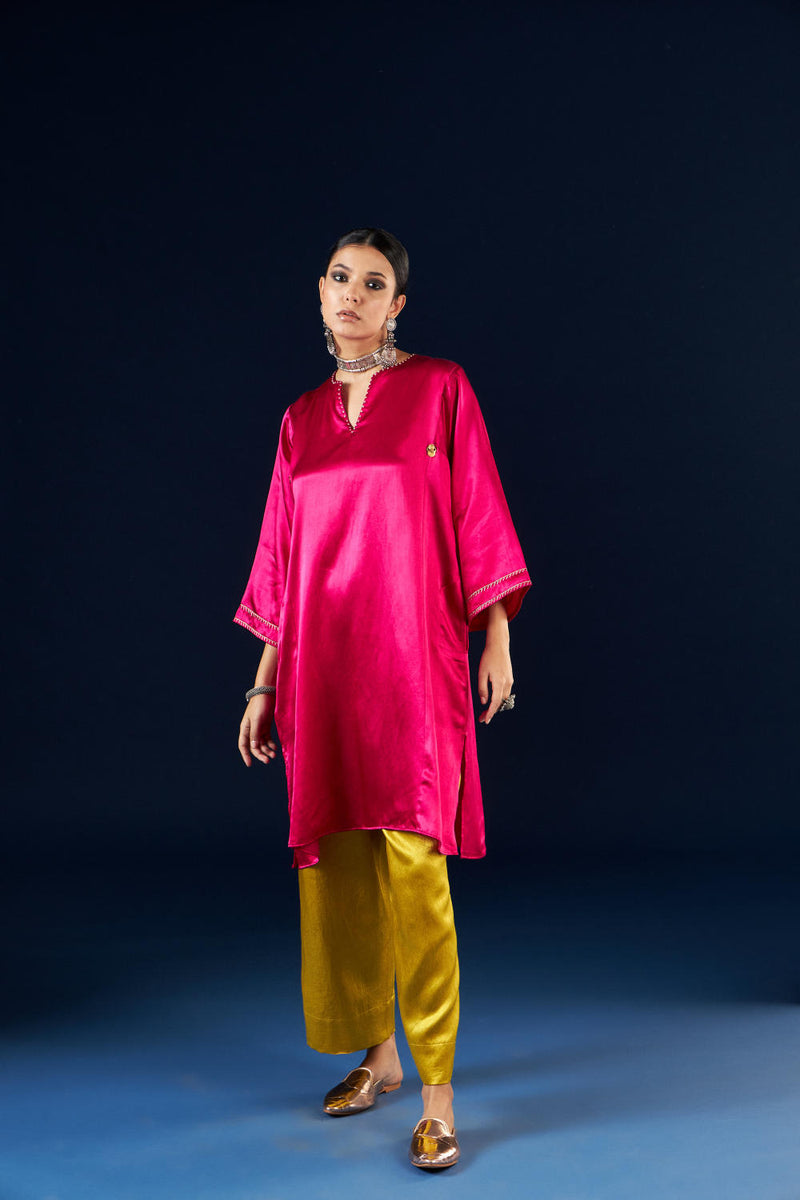 Kalidaar Kurta Set - Magenta Pink & Gold Yellow silk by Aavidi in pink color for women in Singapore
