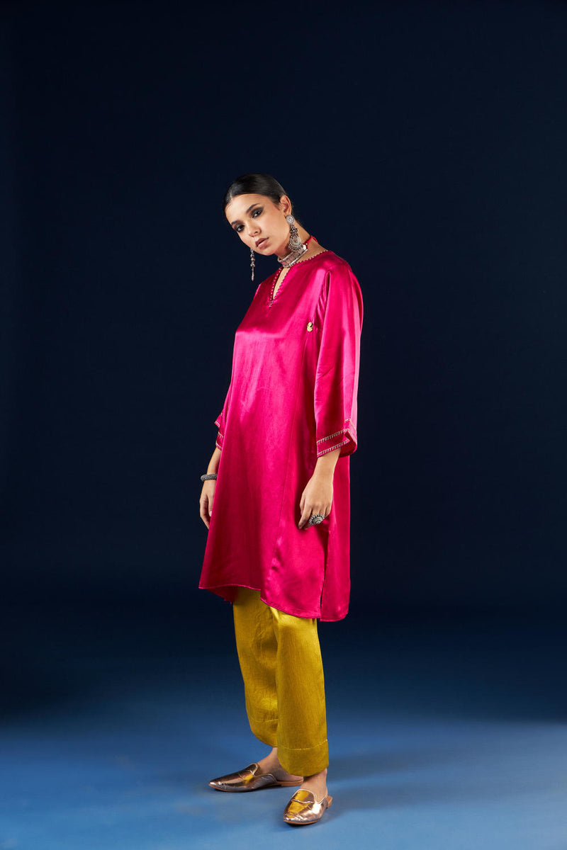 Kalidaar Kurta Set - Magenta Pink & Gold Yellow silk by Aavidi in pink color for women in Singapore