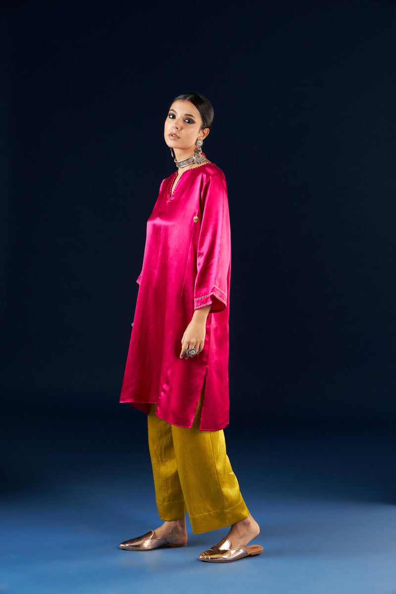 Kalidaar Kurta Set - Magenta Pink & Gold Yellow silk by Aavidi in pink color for women in Singapore