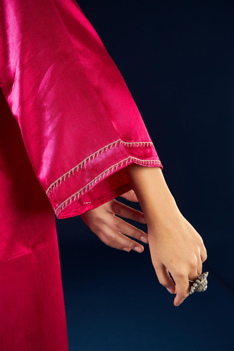 Kalidaar Kurta Set - Magenta Pink & Gold Yellow silk by Aavidi in pink color for women in Singapore