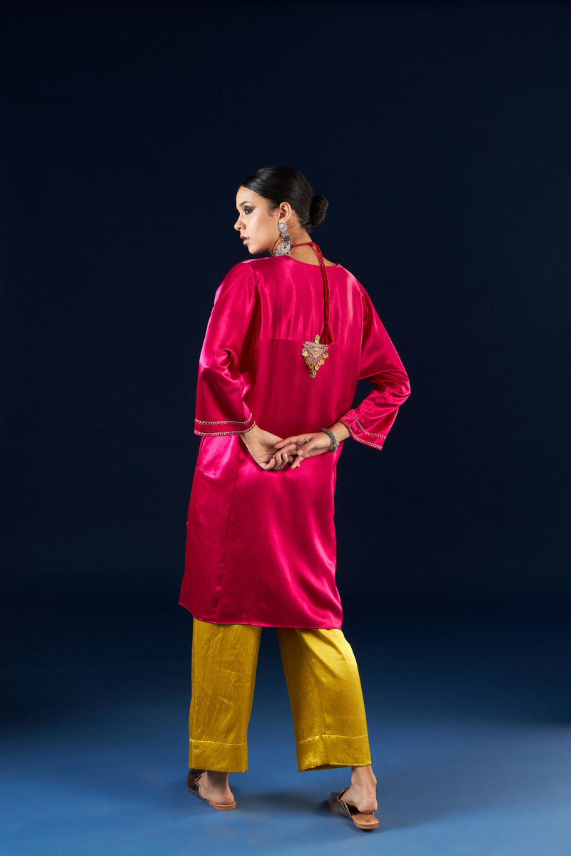 Kalidaar Kurta Set - Magenta Pink & Gold Yellow silk by Aavidi in pink color for women in Singapore