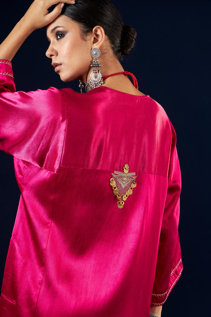 Kalidaar Kurta Set - Magenta Pink & Gold Yellow silk by Aavidi in pink color for women in Singapore