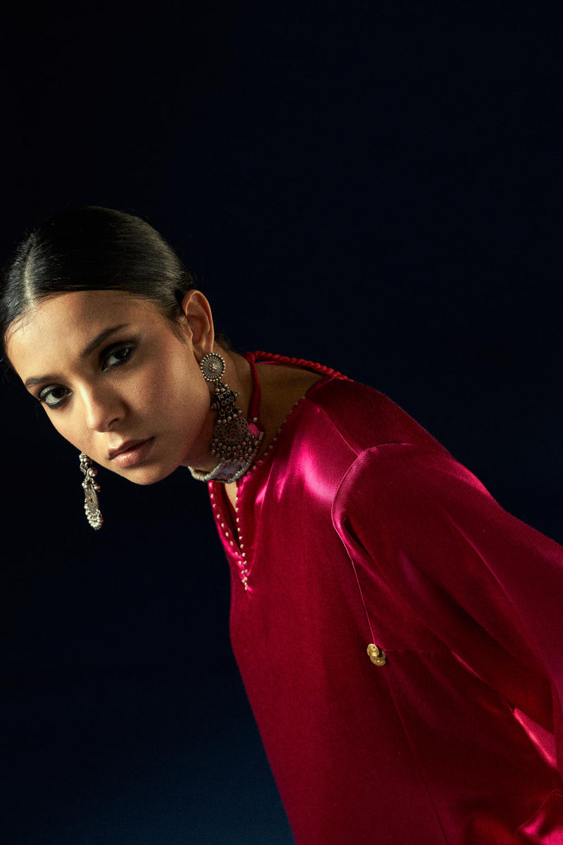Kalidaar Kurta Set - Magenta Pink & Coal Black silk by Aavidi in pink color for women in Singapore