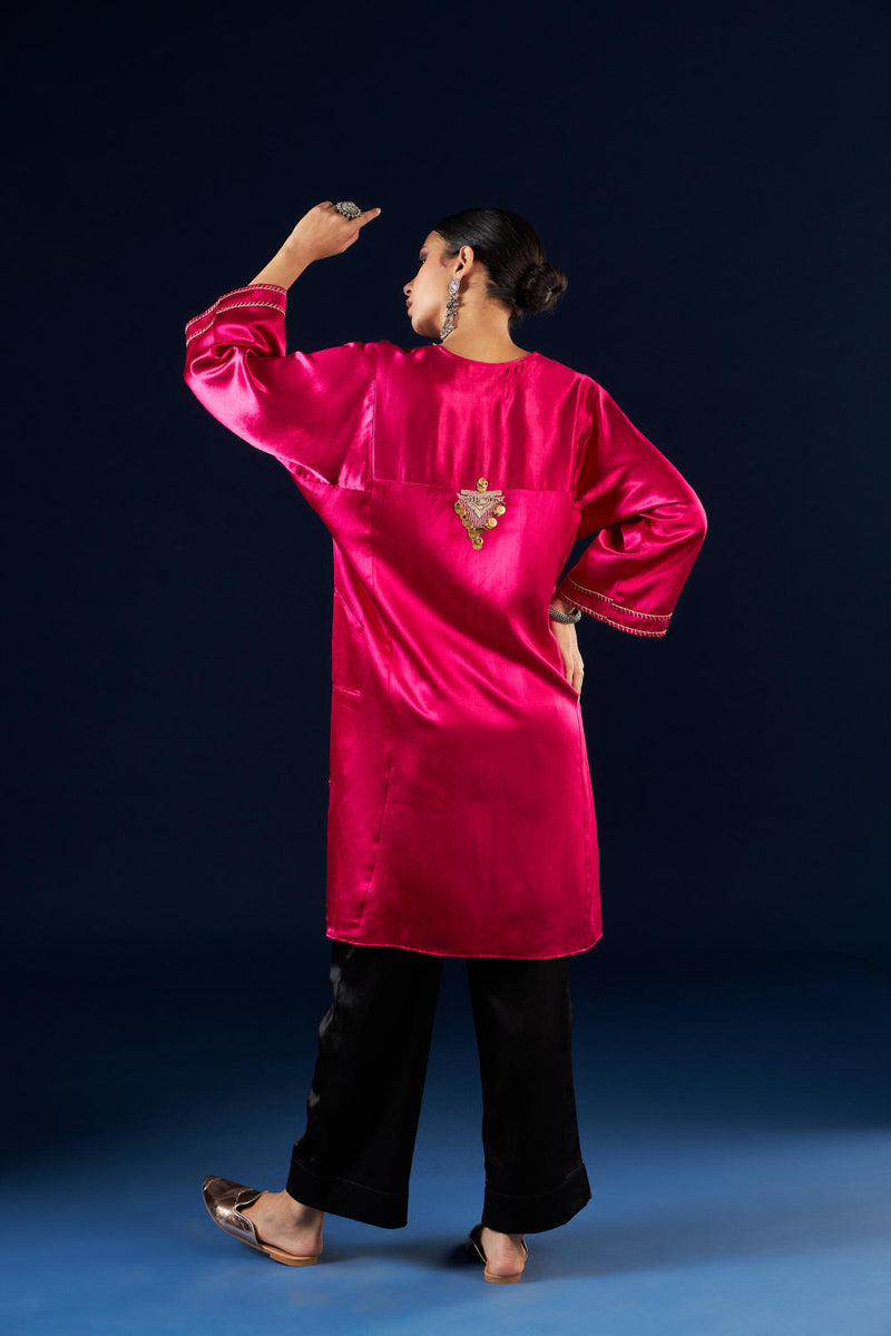 Kalidaar Kurta Set - Magenta Pink & Coal Black silk by Aavidi in pink color for women in Singapore