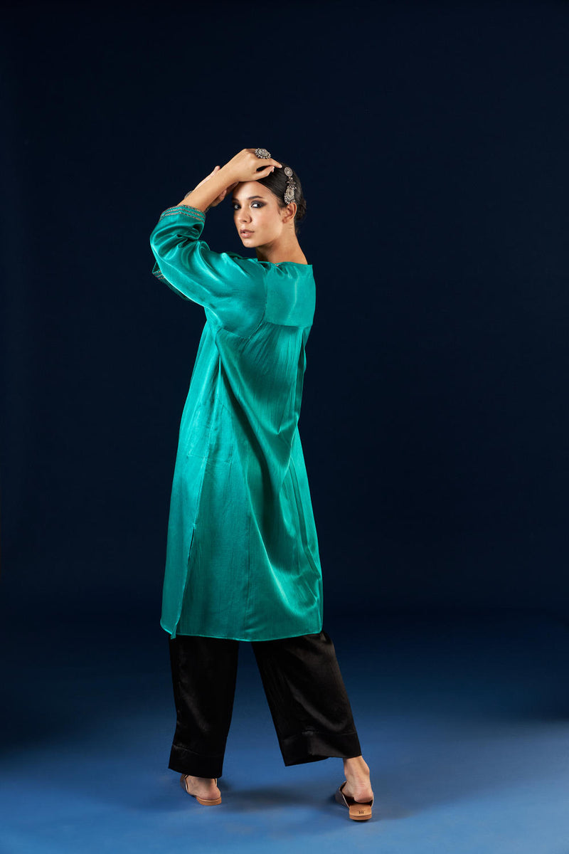 Kalidaar Kurta Set - Emerald green & Coal Black silk by Aavidi in green color for women in Singapore