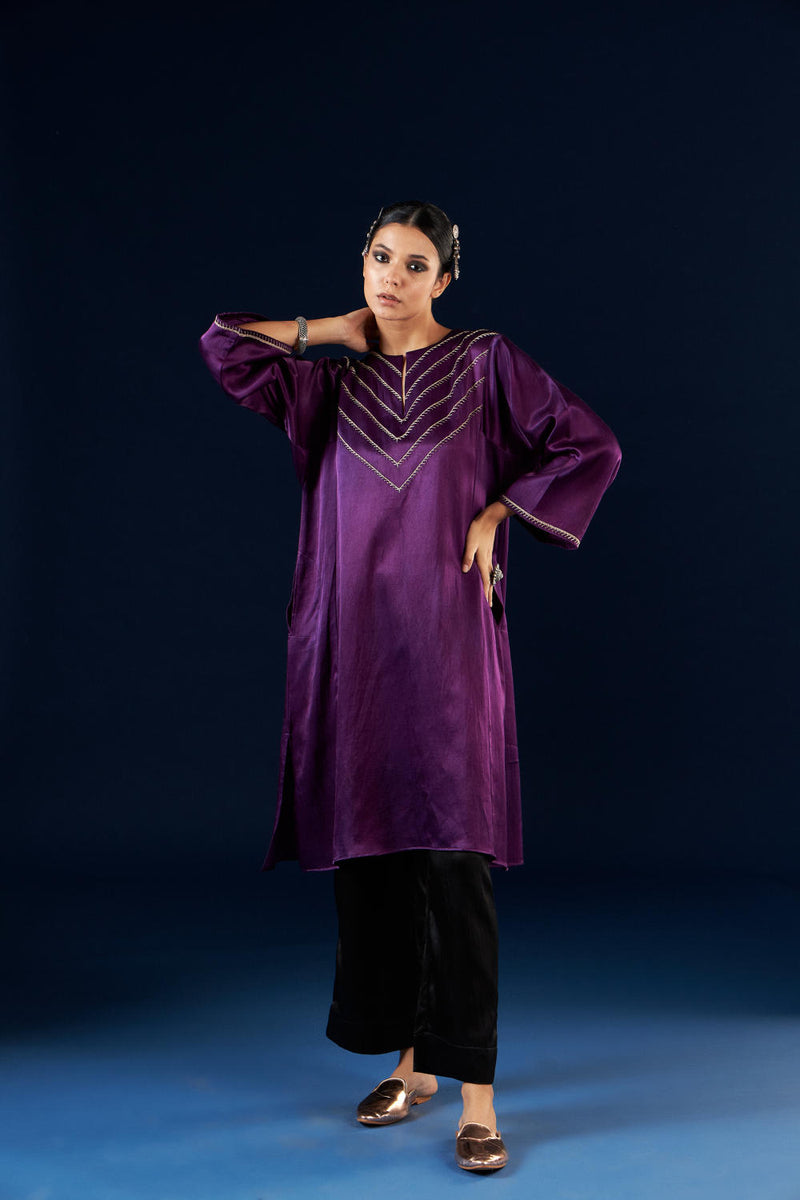 Kalidaar Kurta Set - Deep Purple & Coal black silk by Aavidi in purple color for women in Singapore