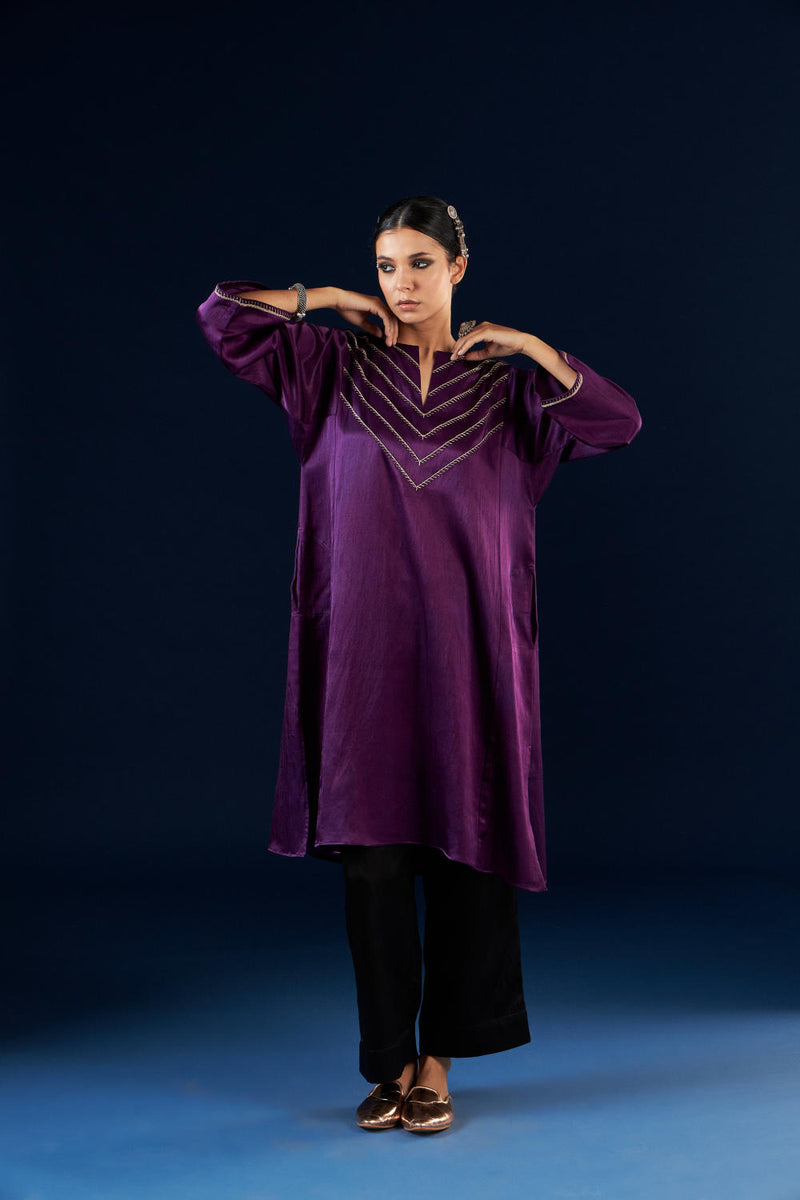 Kalidaar Kurta Set - Deep Purple & Coal black silk by Aavidi in purple color for women in Singapore