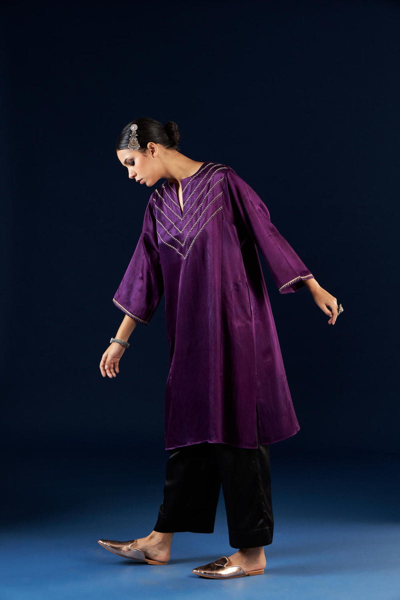 Kalidaar Kurta Set - Deep Purple & Coal black silk by Aavidi in purple color for women in Singapore
