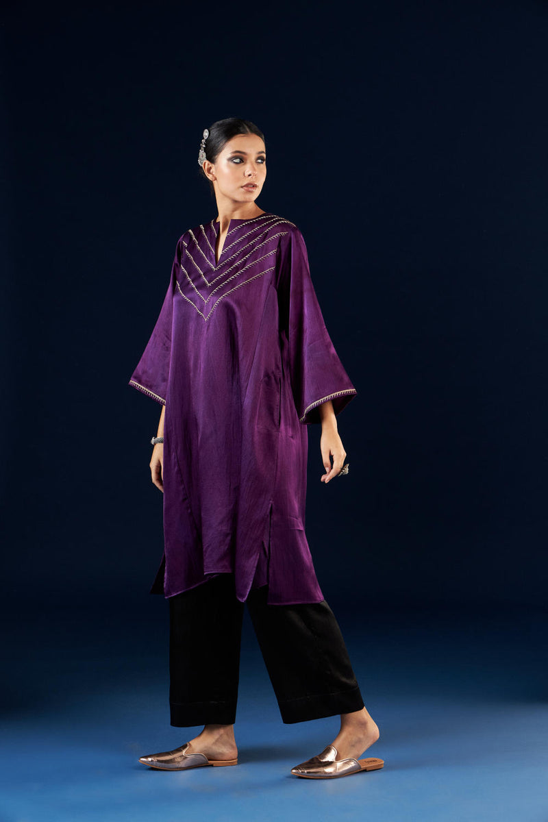 Kalidaar Kurta Set - Deep Purple & Coal black silk by Aavidi in purple color for women in Singapore