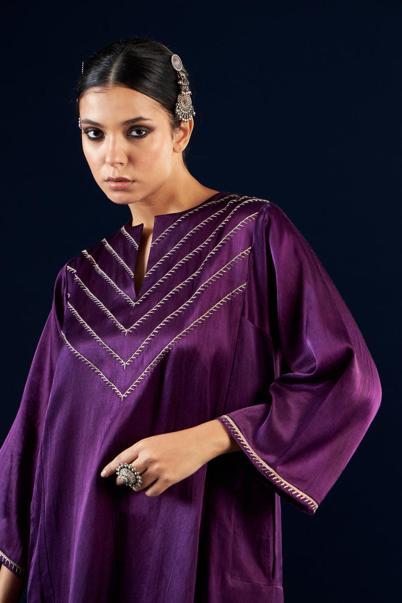 Kalidaar Kurta Set - Deep Purple & Coal black silk by Aavidi in purple color for women in Singapore