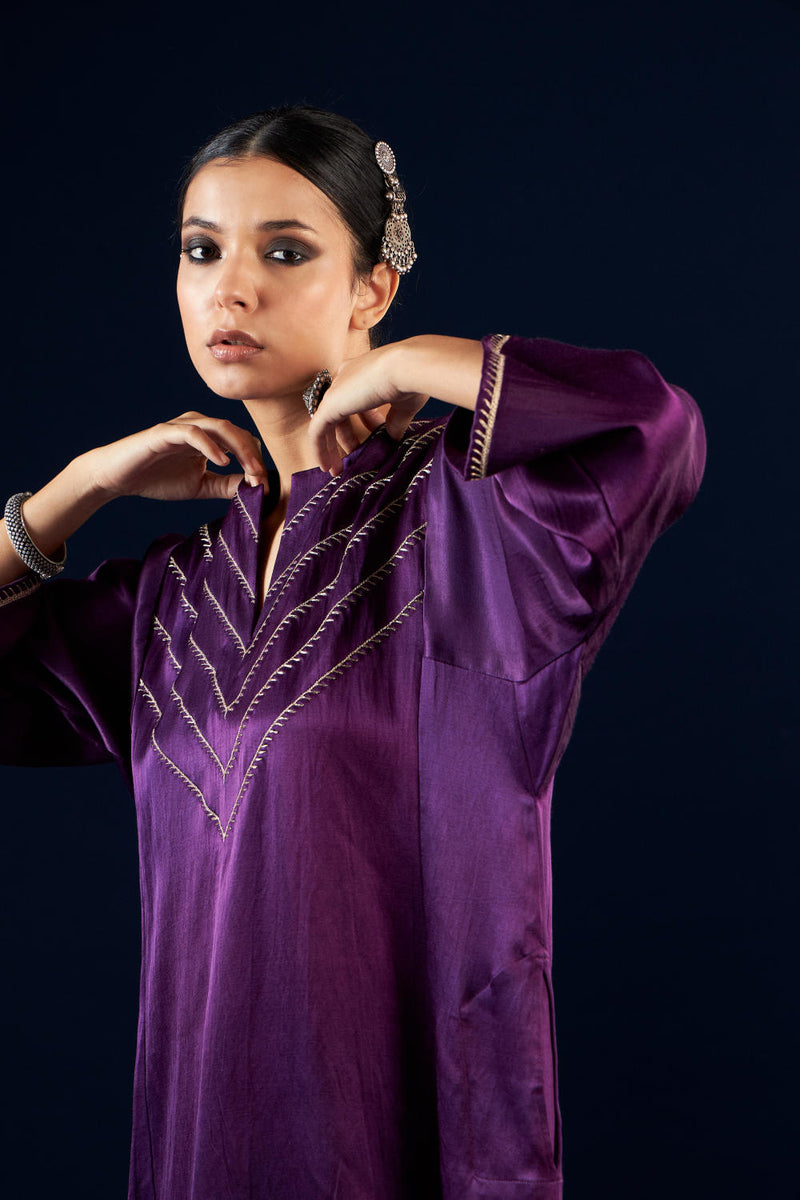 Kalidaar Kurta Set - Deep Purple & Coal black silk by Aavidi in purple color for women in Singapore