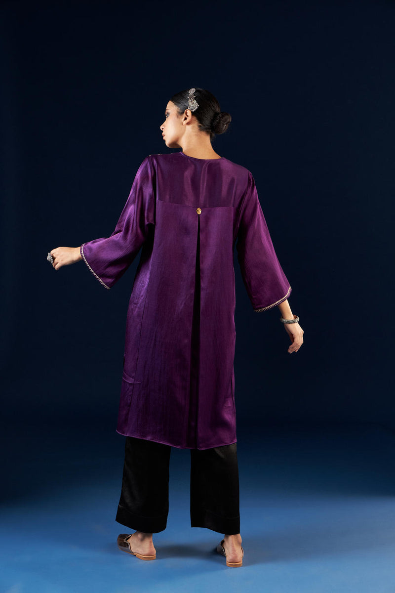 Kalidaar Kurta Set - Deep Purple & Coal black silk by Aavidi in purple color for women in Singapore