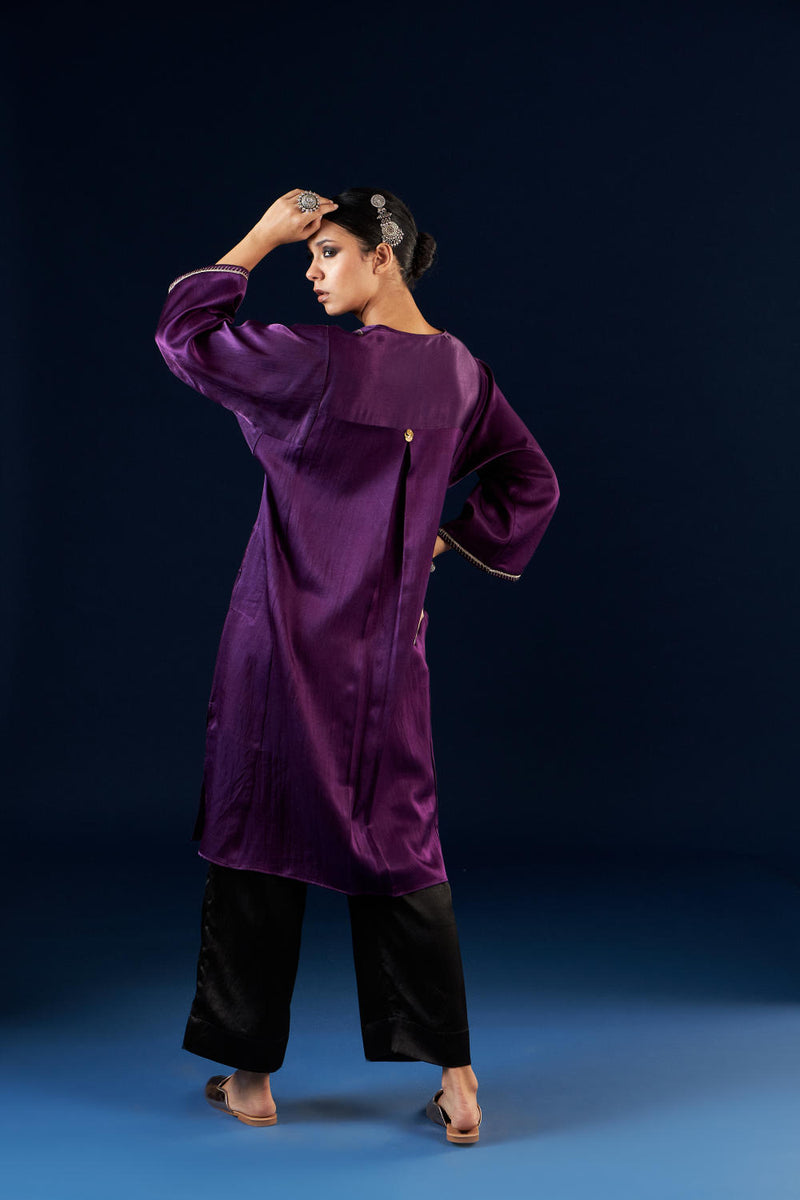 Kalidaar Kurta Set - Deep Purple & Coal black silk by Aavidi in purple color for women in Singapore