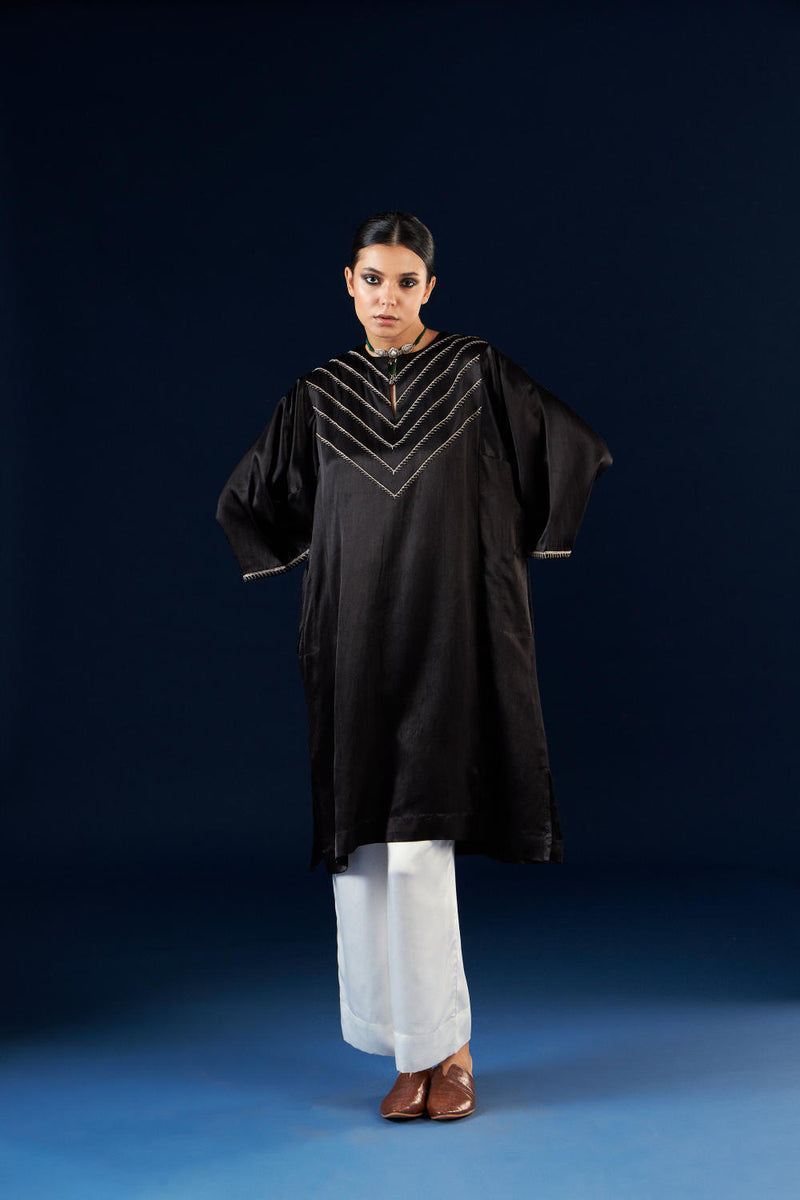 Kalidaar Kurta Set - Coal Black & Off white silk by Aavidi in black color for women in Singapore