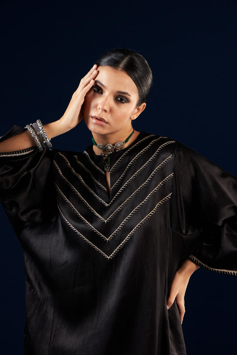 Kalidaar Kurta Set - Coal Black & Off white silk by Aavidi in black color for women in Singapore