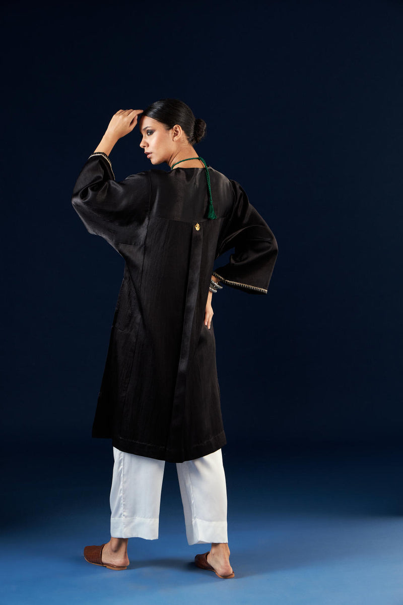 Kalidaar Kurta Set - Coal Black & Off white silk by Aavidi in black color for women in Singapore