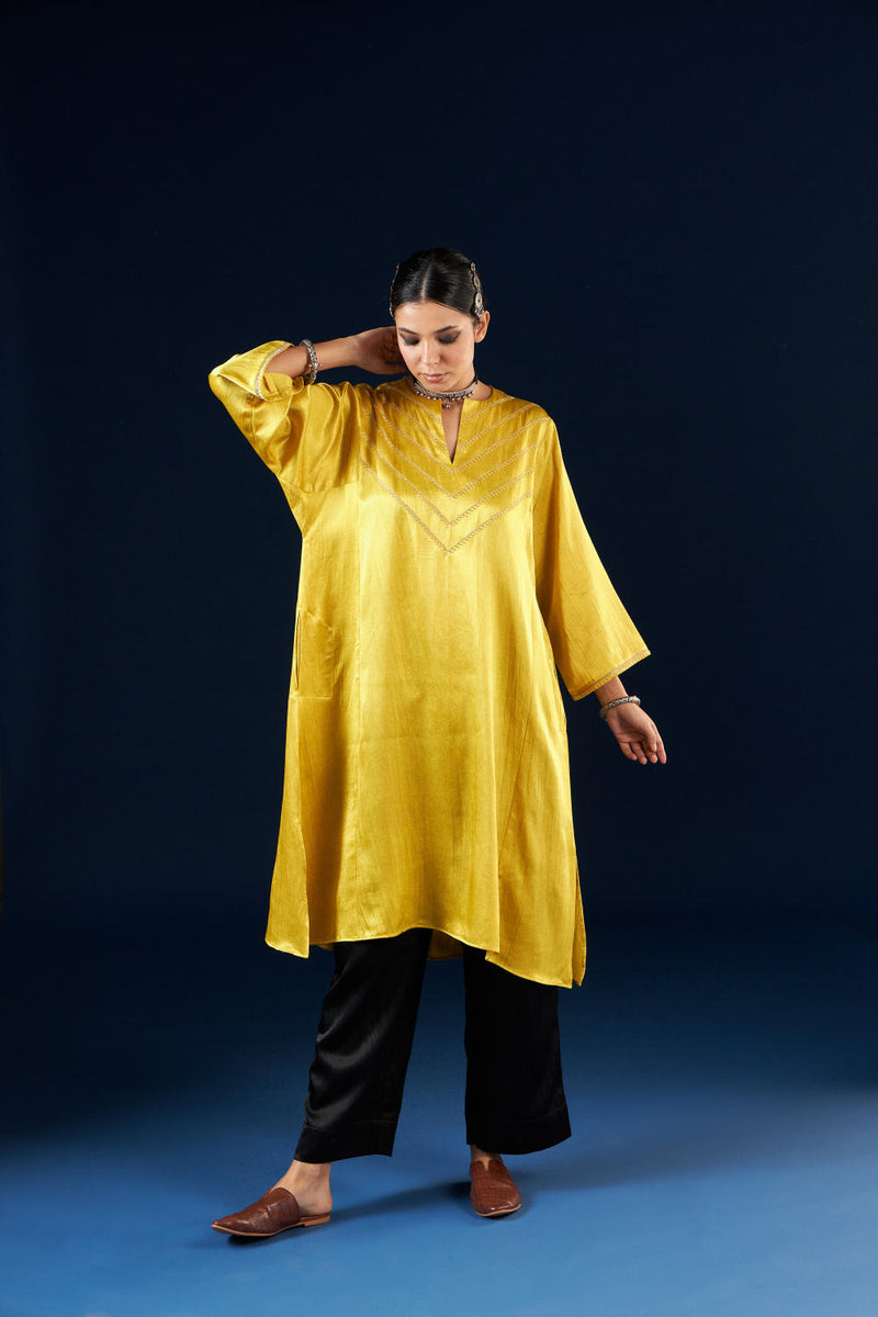 Kalidaar Kurta Set - Gold yellow & Coal Black silk by Aavidi in yellow color for women in Singapore