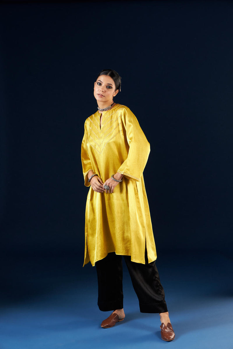 Kalidaar Kurta Set - Gold yellow & Coal Black silk by Aavidi in yellow color for women in Singapore