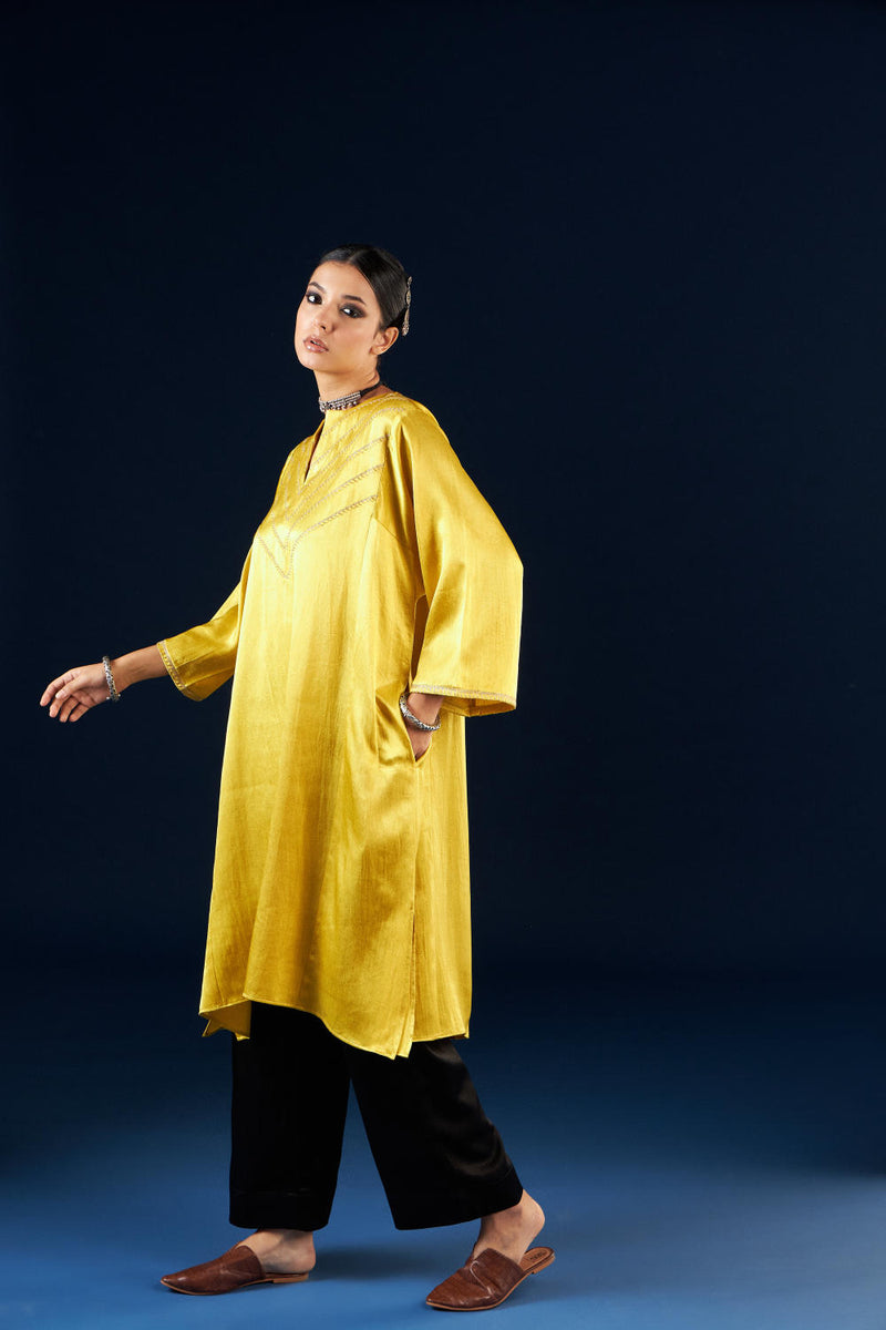 Kalidaar Kurta Set - Gold yellow & Coal Black silk by Aavidi in yellow color for women in Singapore
